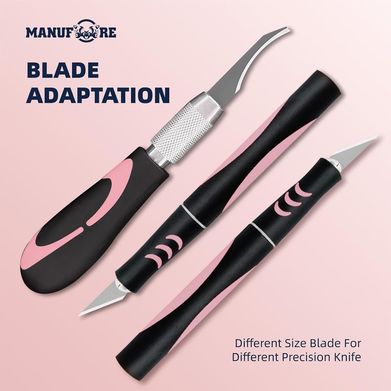 MANUFORE 34pcs Large Exacto Knife Set Pink Deluxe Craft Precision Knife Set Include 3pcs Craft Knives with Anti-Slip Rubber Grip, 25pcs Different Blades, 2pcs Needles, Sharpening Stone, Screwdriver - Image 5